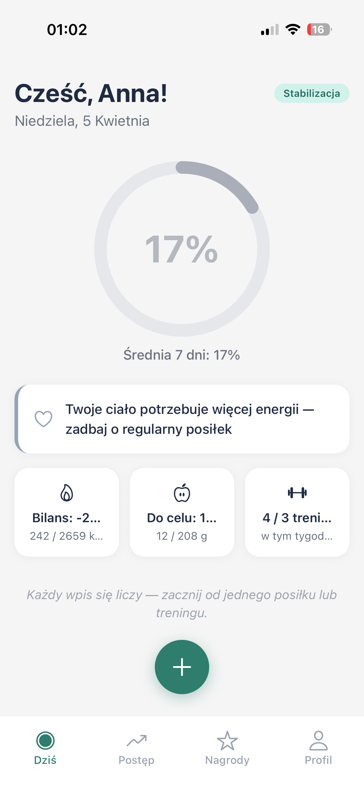 Formendo Dashboard — compliance ring 69%, metryki kaloryczne i treningowe